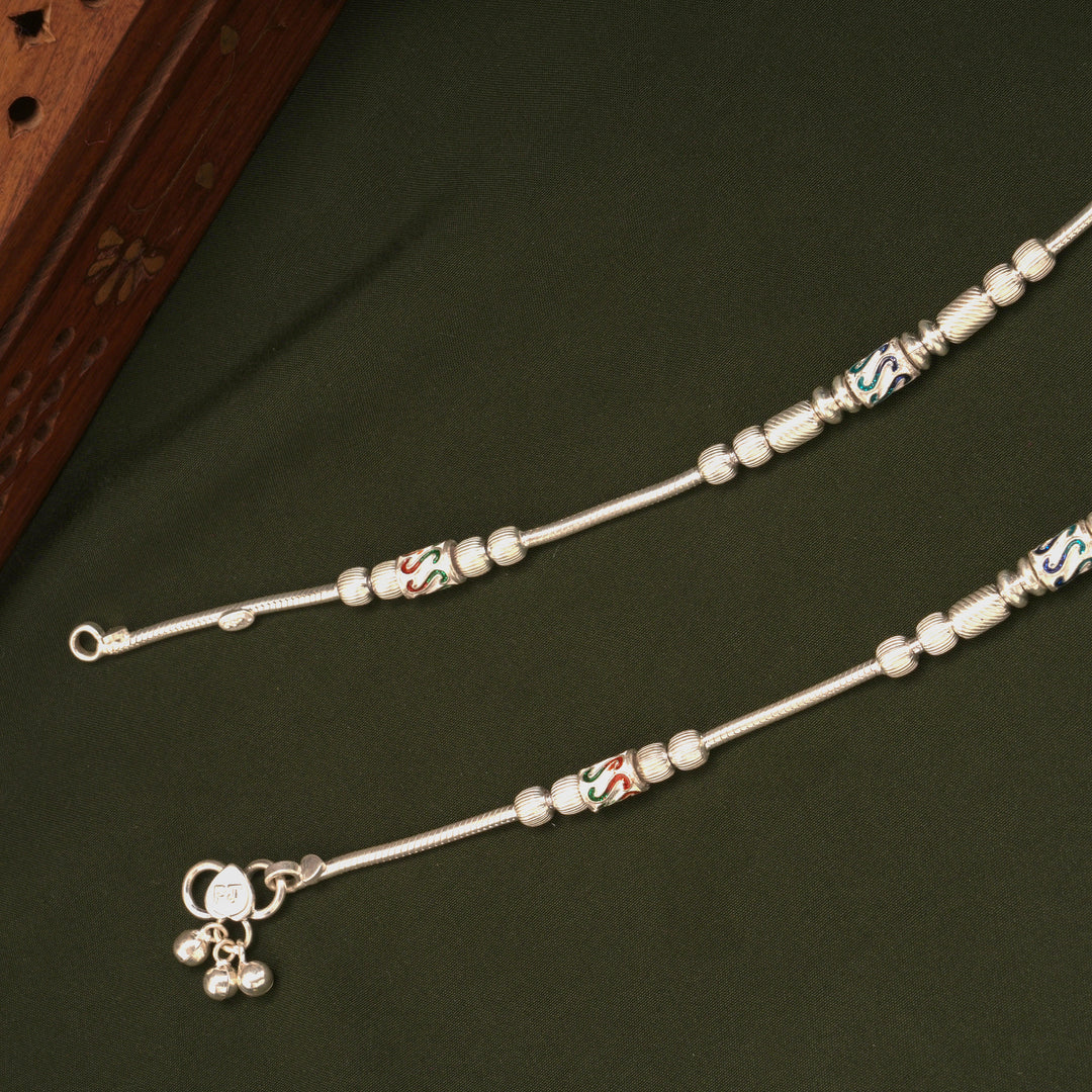 Intricate Design Multi Beads Silver Anklets