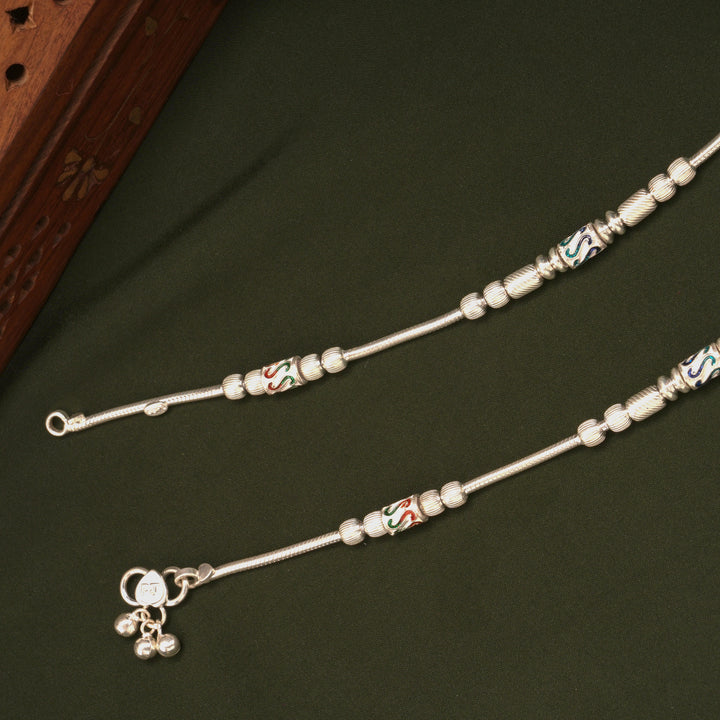 Intricate Design Multi Beads Silver Anklets