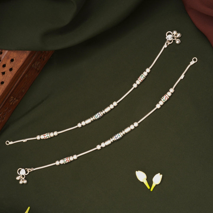 Intricate Design Multi Beads Silver Anklets