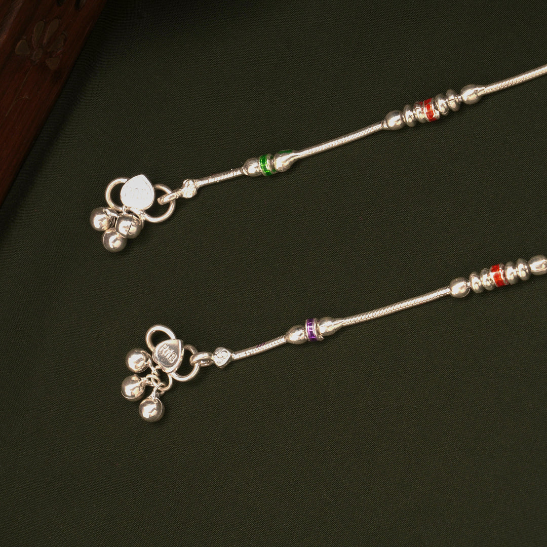 Triple Colour Enamel Design Silver Anklets
