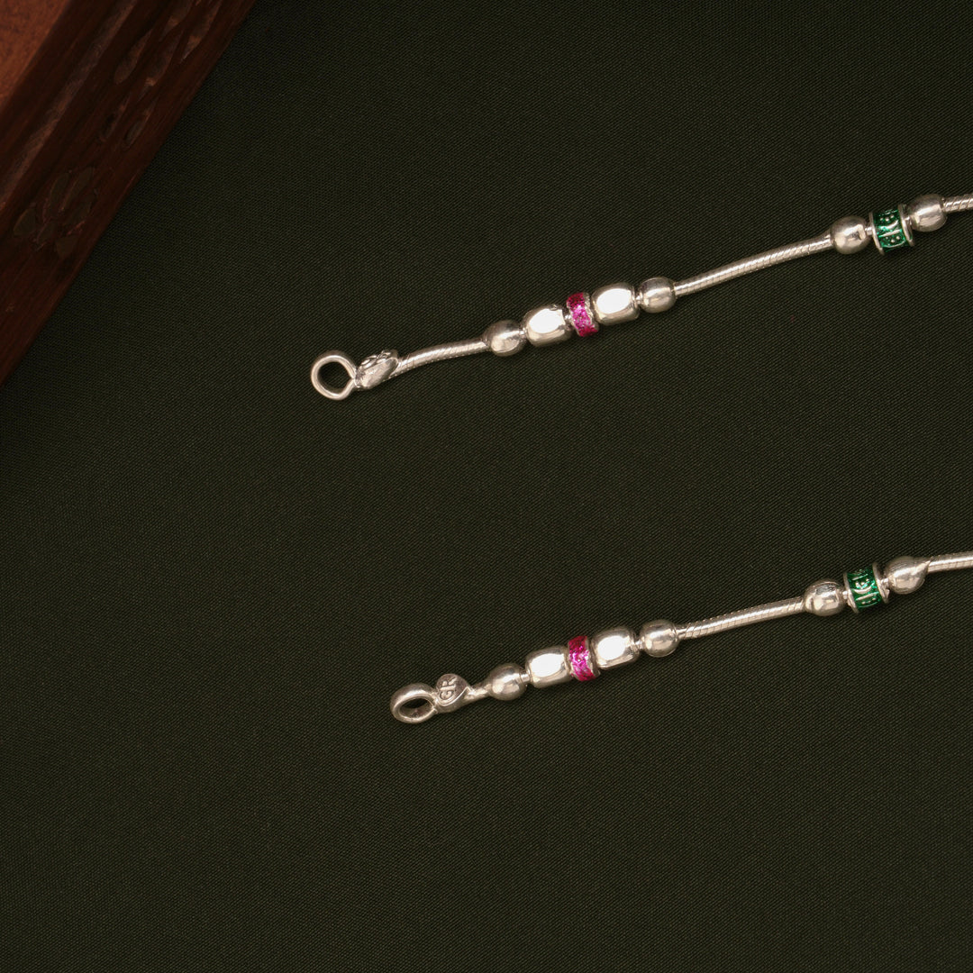 Elegant Pink and Green Beaded Enamel Silver Anklets