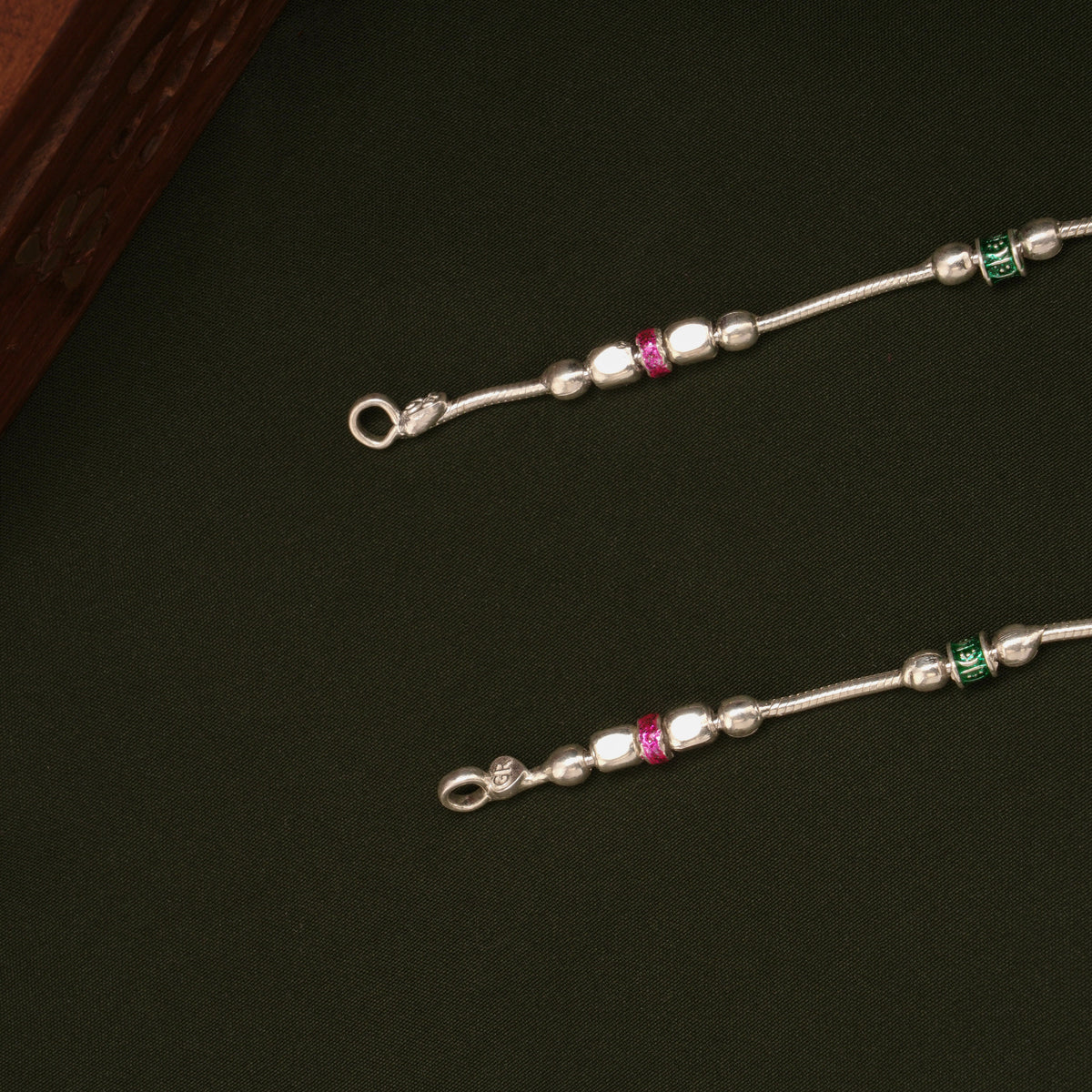 Elegant Pink and Green Beaded Enamel Silver Anklets