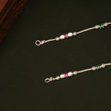 Elegant Pink and Green Beaded Enamel Silver Anklets