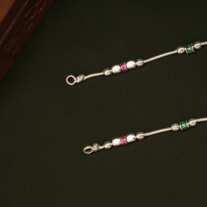 Elegant Pink and Green Beaded Enamel Silver Anklets