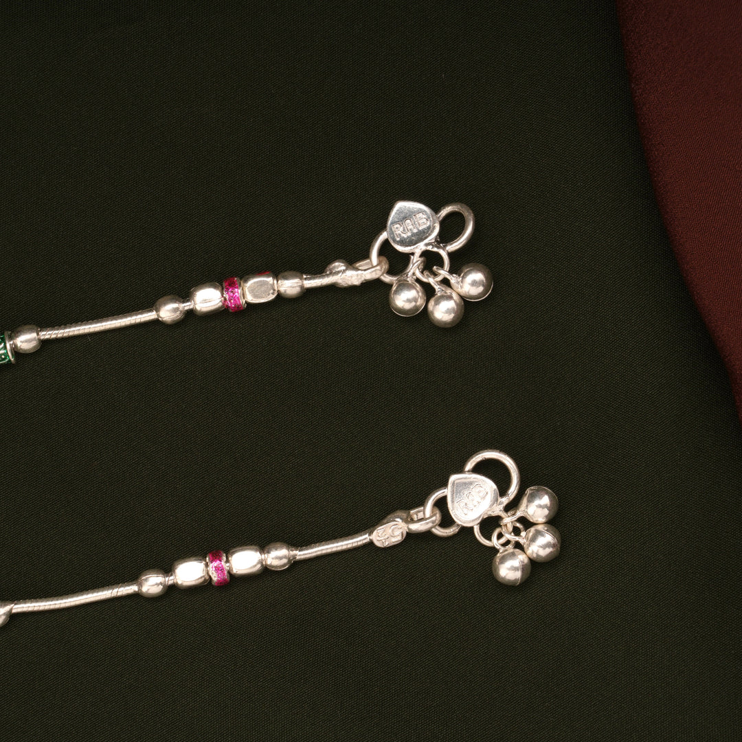 Elegant Pink and Green Beaded Enamel Silver Anklets