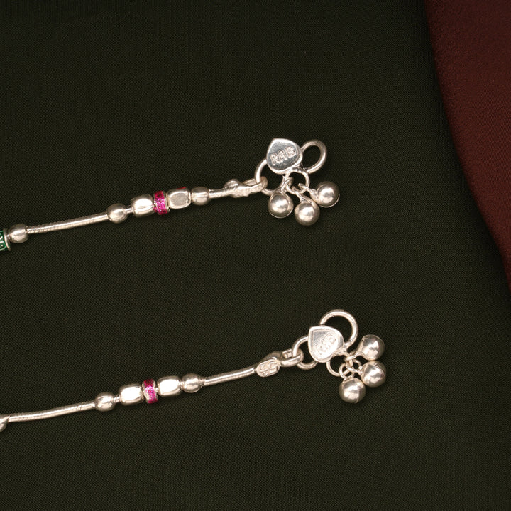 Elegant Pink and Green Beaded Enamel Silver Anklets