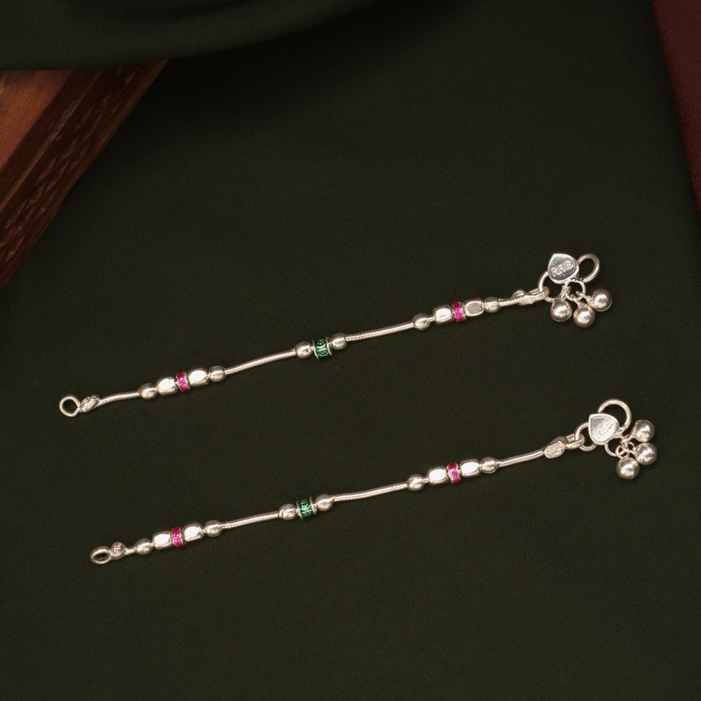 Elegant Pink and Green Beaded Enamel Silver Anklets