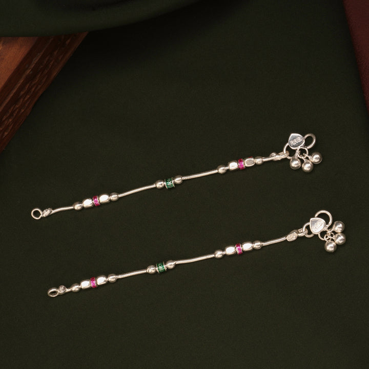 Elegant Pink and Green Beaded Enamel Silver Anklets
