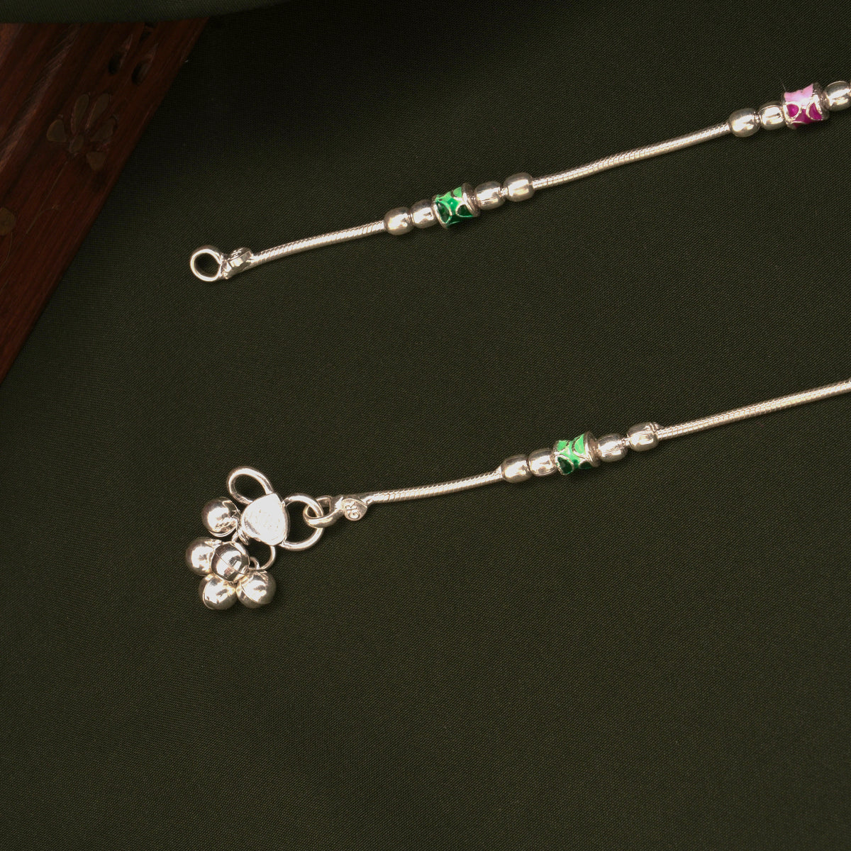 Traditional Pink and Green Enamel Silver Anklets