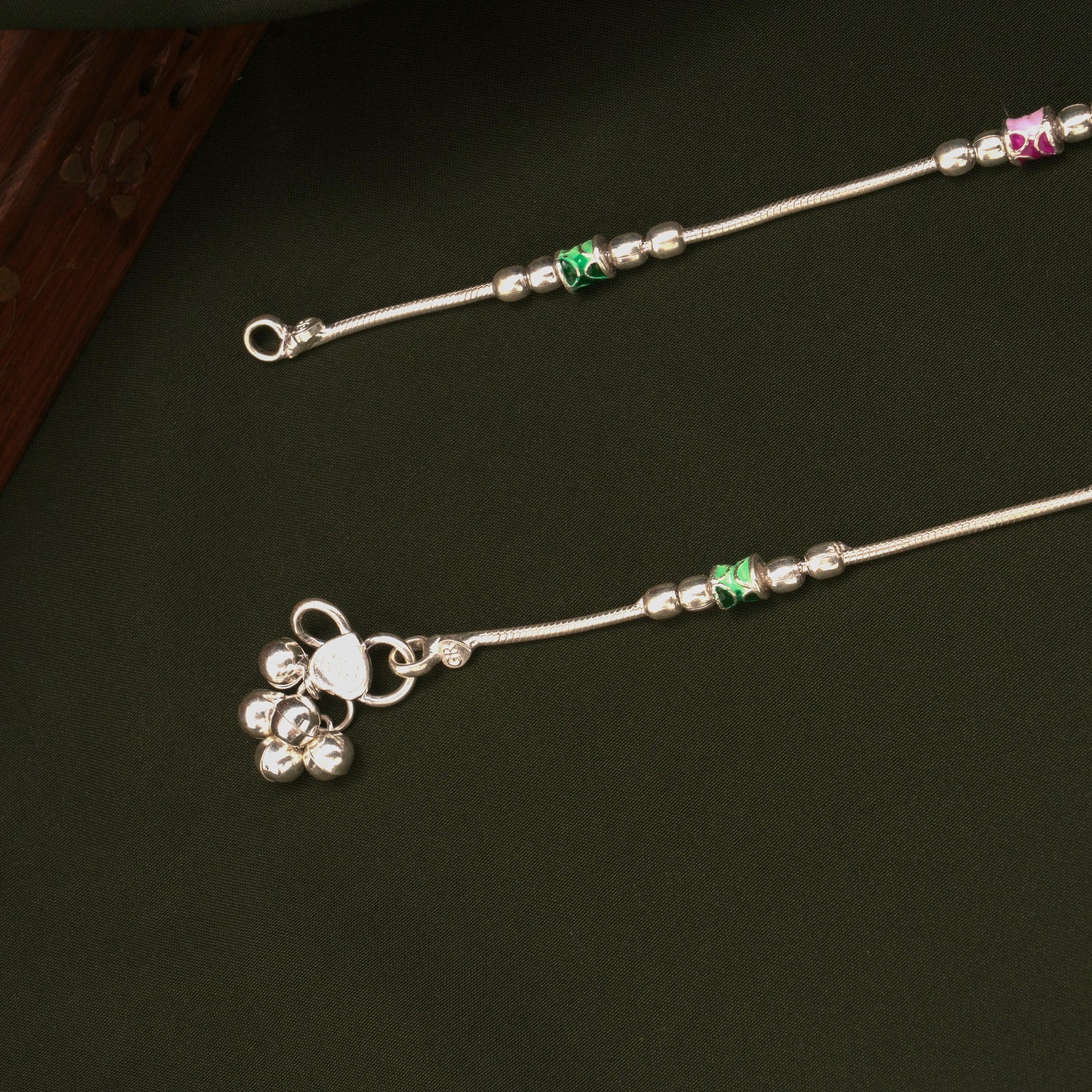 Traditional Pink and Green Enamel Silver Anklets