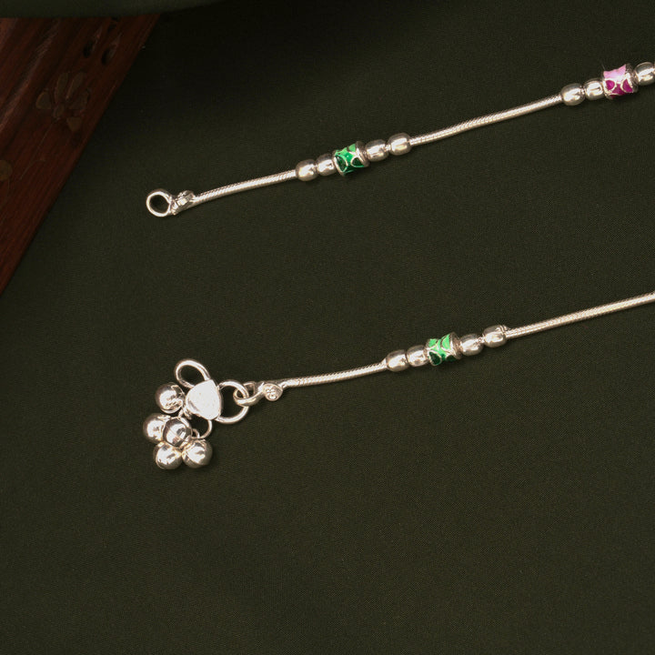 Traditional Pink and Green Enamel Silver Anklets