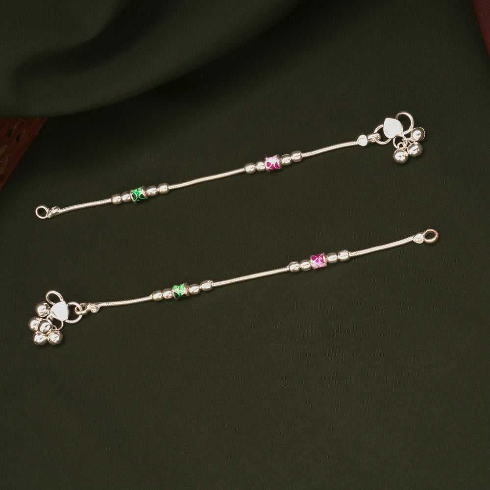 Traditional Pink and Green Enamel Silver Anklets
