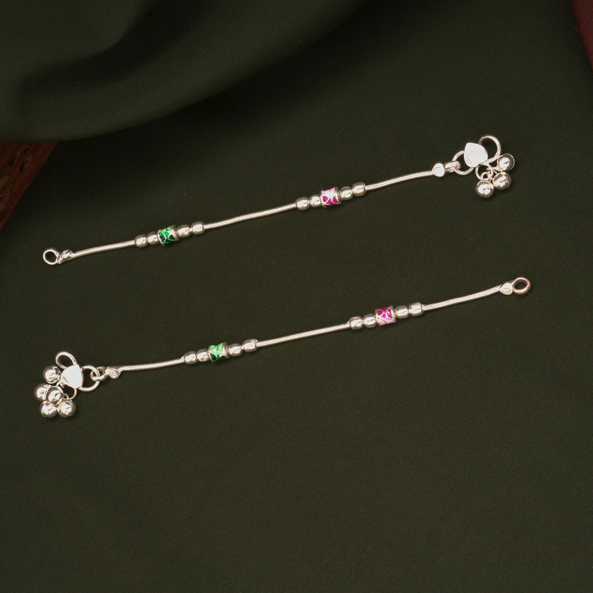Traditional Pink and Green Enamel Silver Anklets