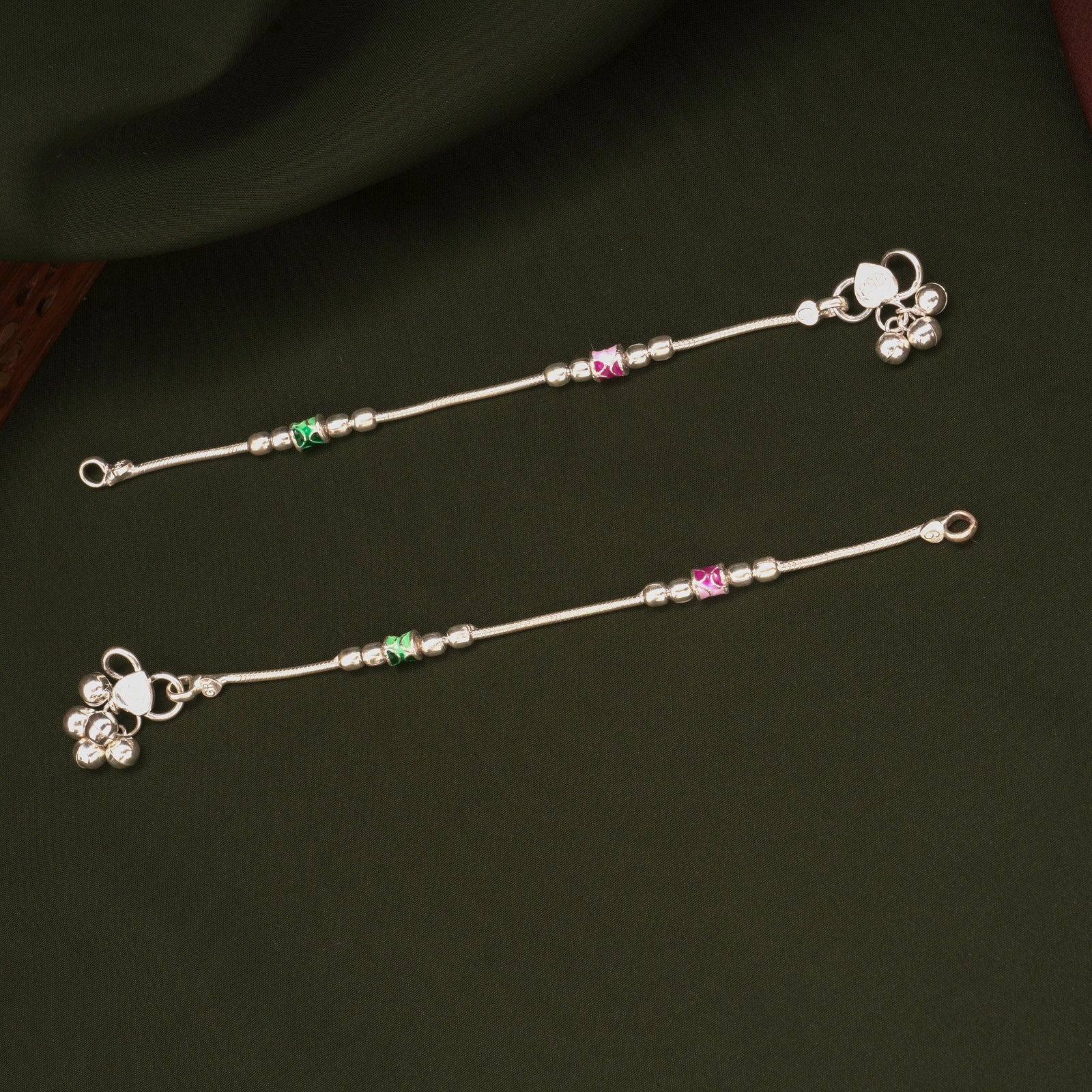Traditional Pink and Green Enamel Silver Anklets