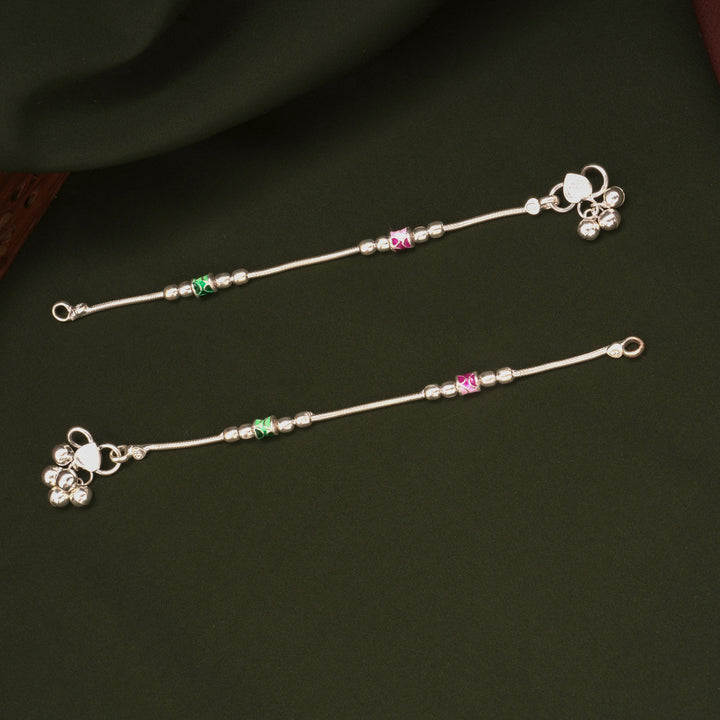 Traditional Pink and Green Enamel Silver Anklets