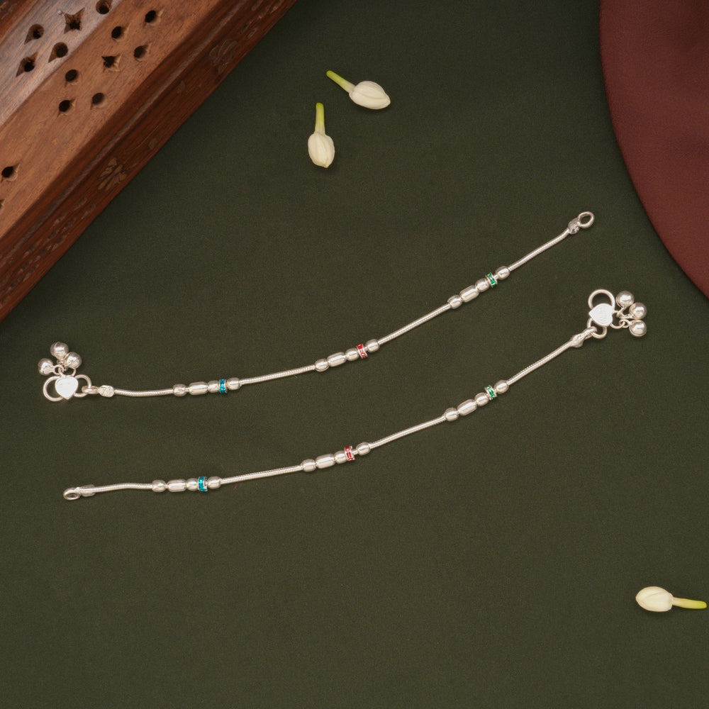 Minimal Beaded Enamel Design Silver Anklets