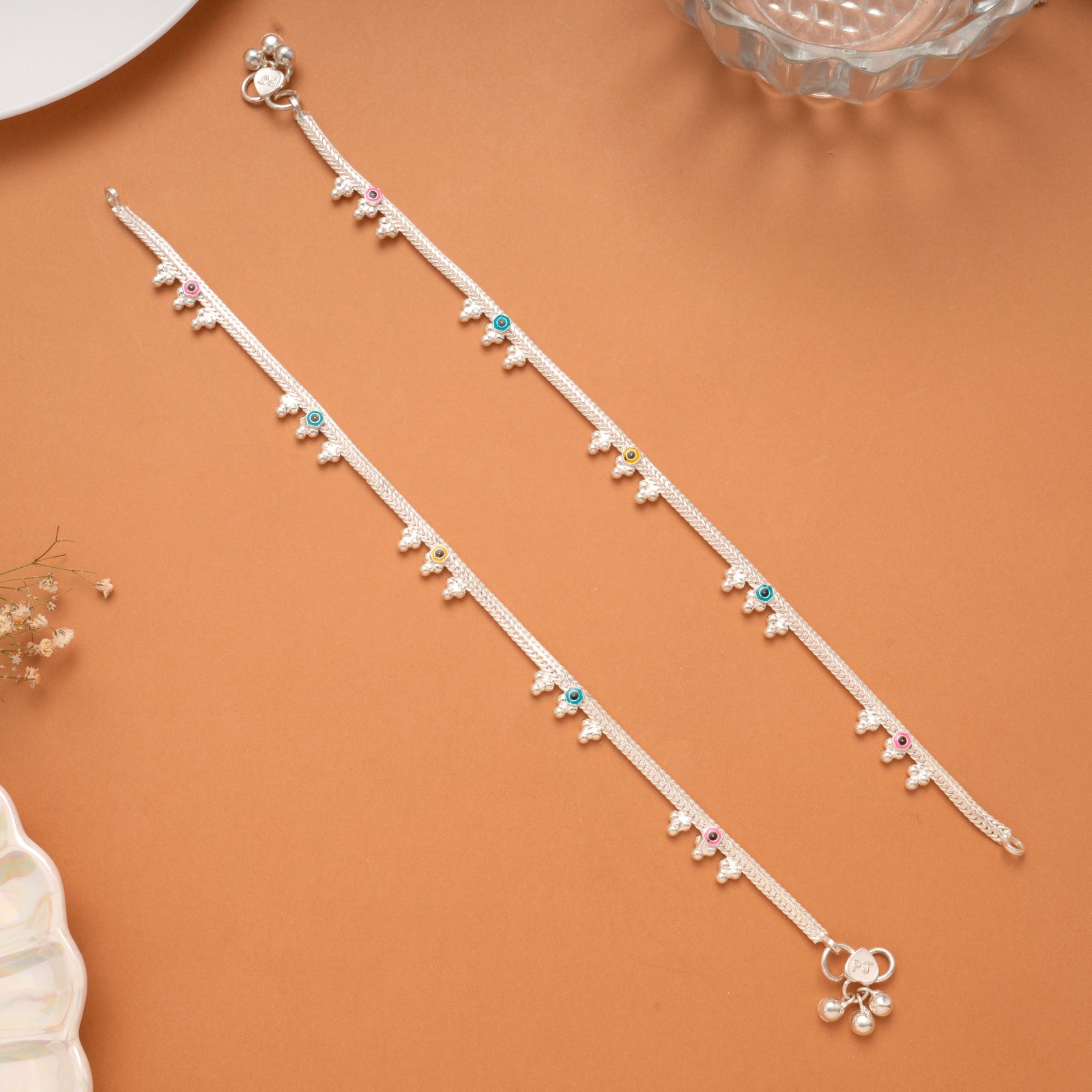 Tri Beads Drops Silver Anklet