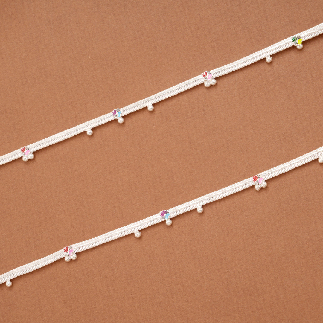 Cute Little Floral Enamel Design Silver Anklets