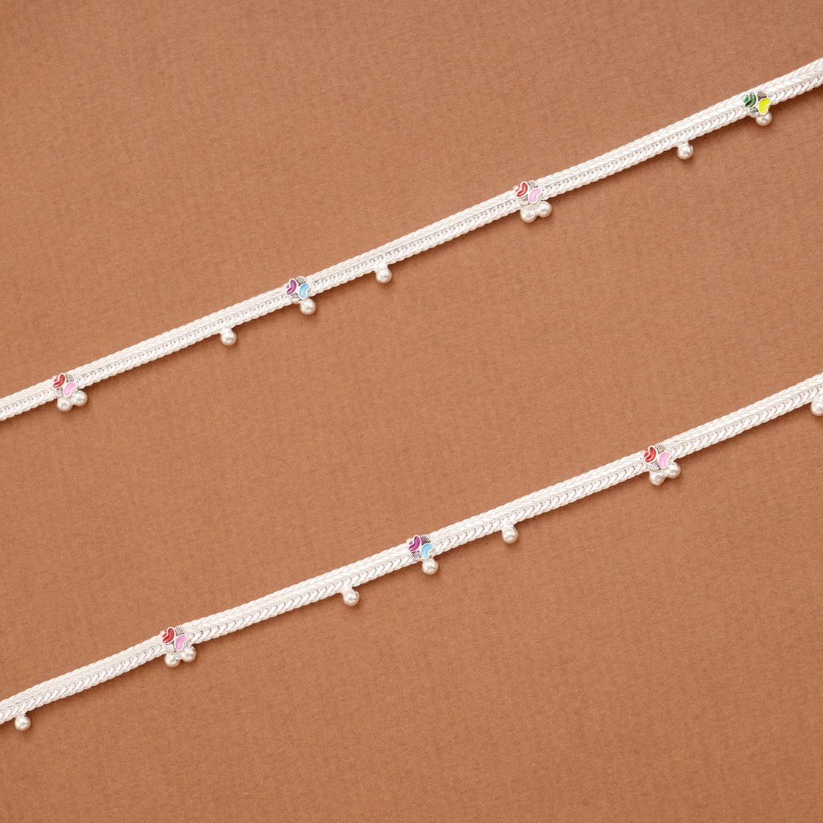 Cute Little Floral Enamel Design Silver Anklets