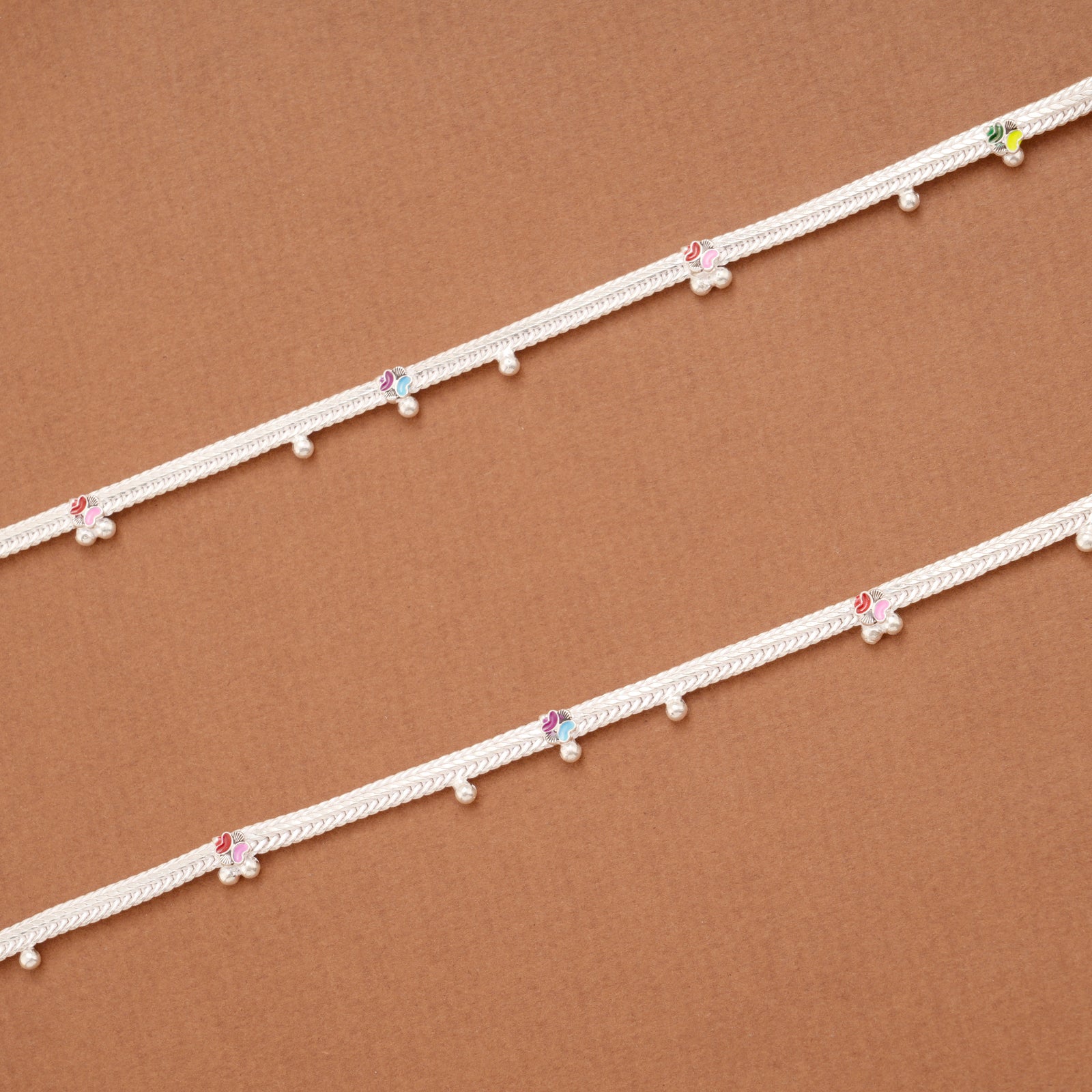 Cute Little Floral Enamel Design Silver Anklets
