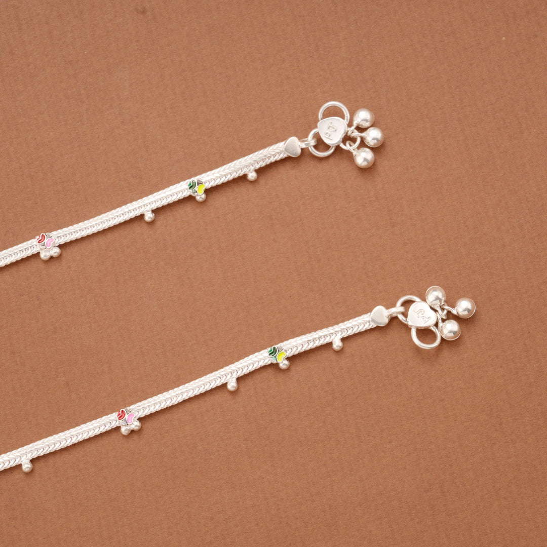 Cute Little Floral Enamel Design Silver Anklets