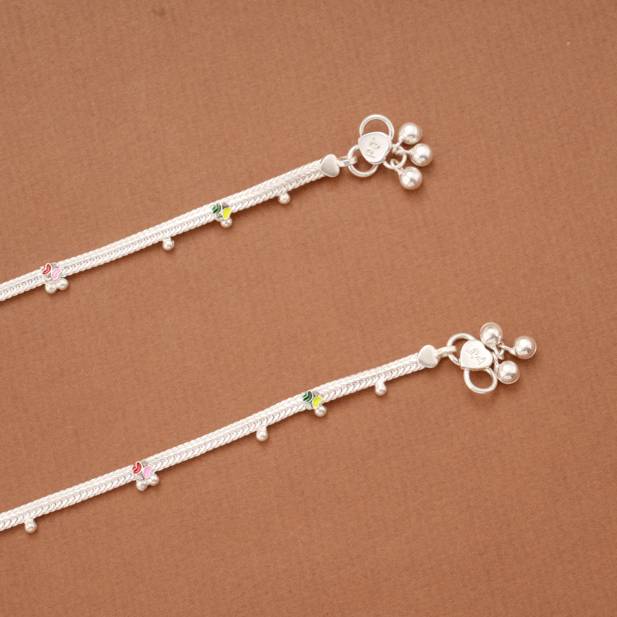 Cute Little Floral Enamel Design Silver Anklets