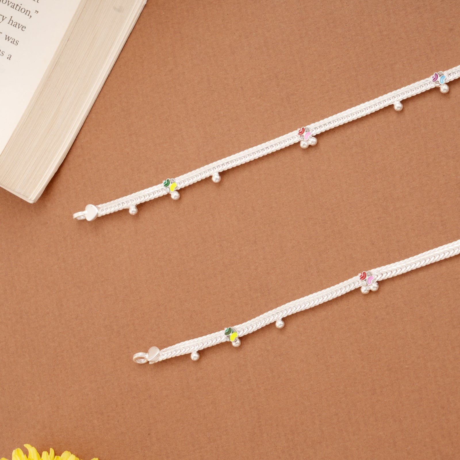 Cute Little Floral Enamel Design Silver Anklets