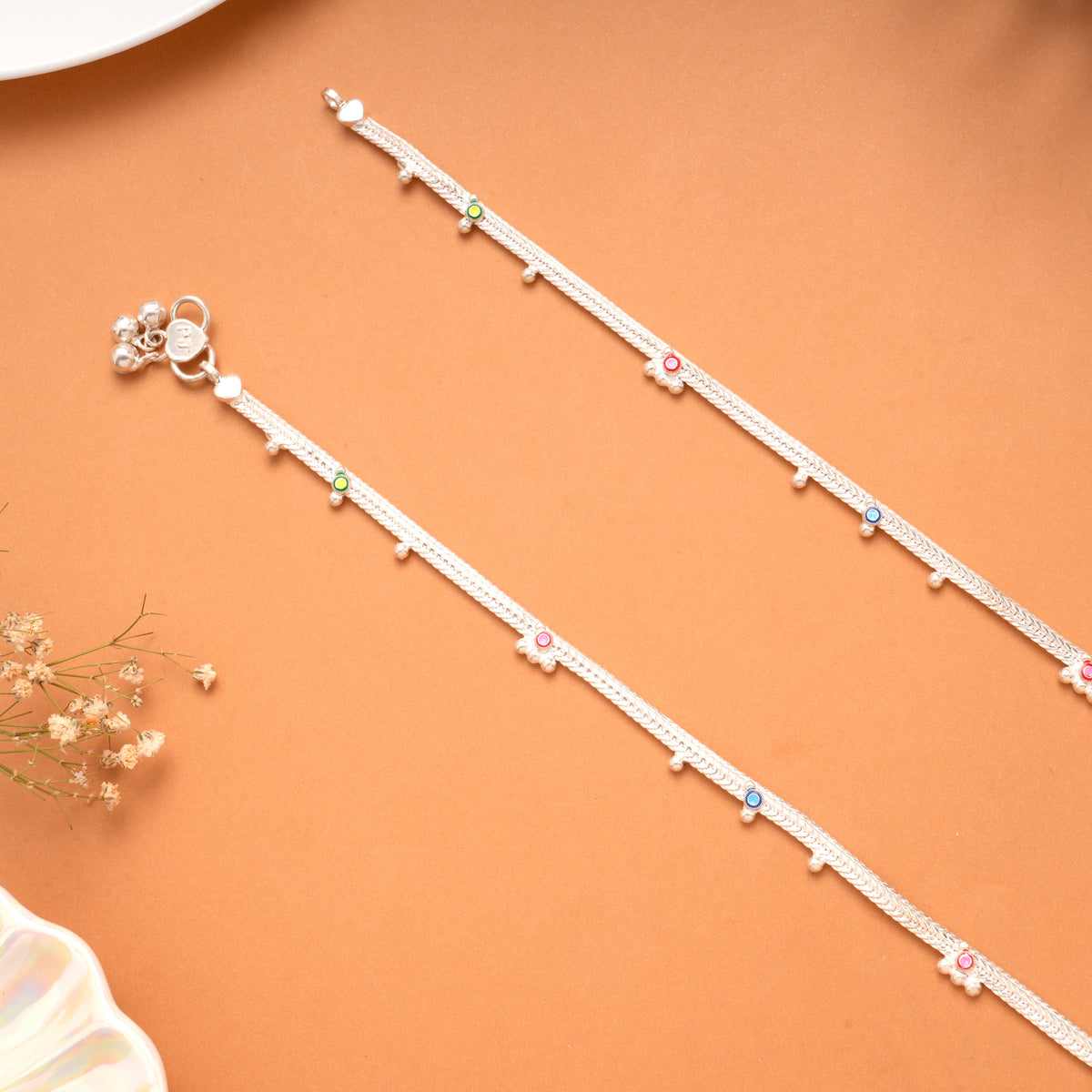 Dainty Beads Round Enamel Silver Anklet