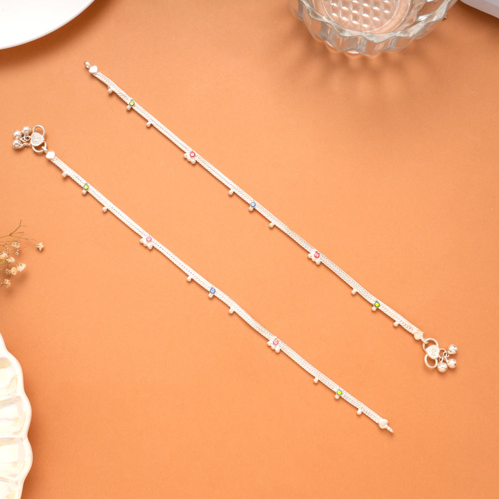 Dainty Beads Round Enamel Silver Anklet