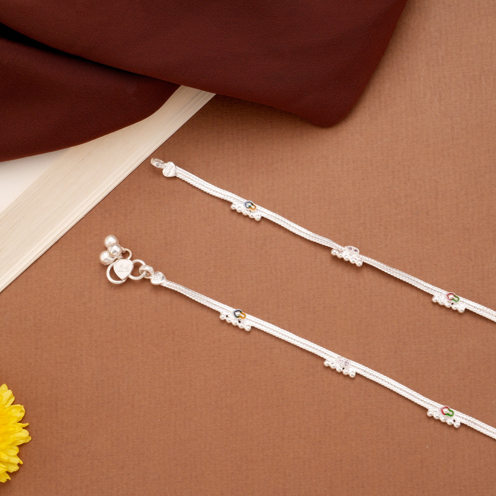 Vibrant Multicolour Enamel Arrow Design Silver Anklets