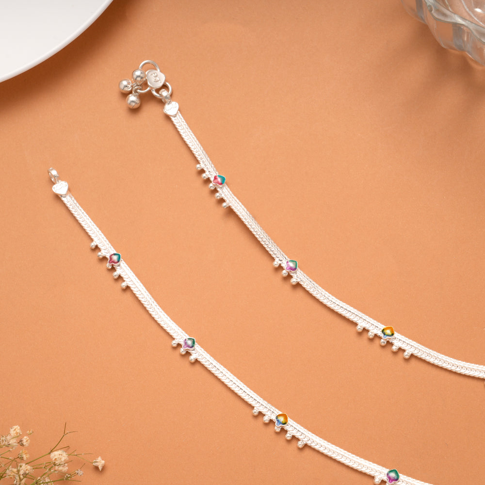 Colour Beads Round Enamel Silver Anklet