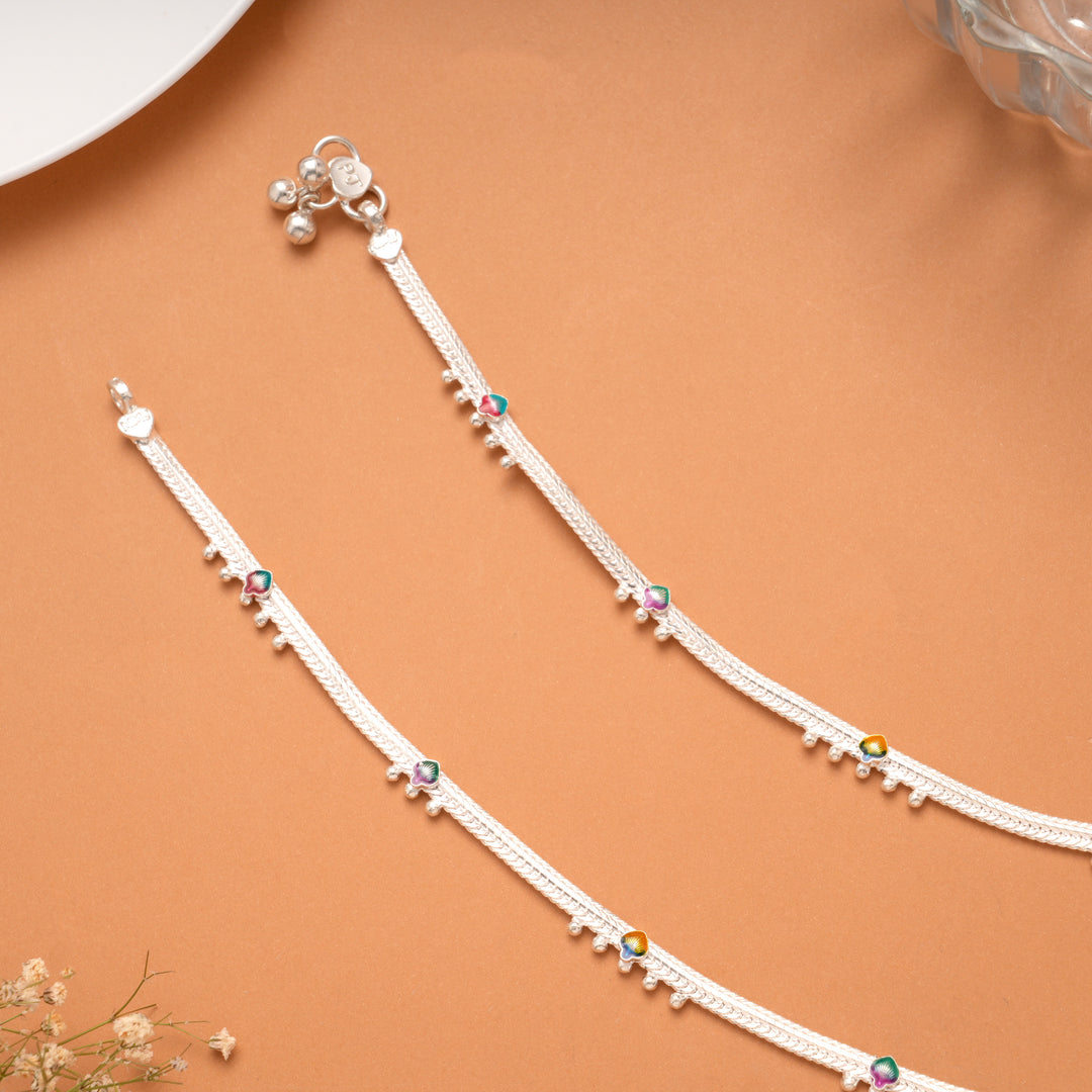 Colour Beads Round Enamel Silver Anklet
