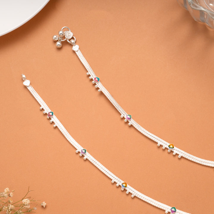 Colour Beads Round Enamel Silver Anklet