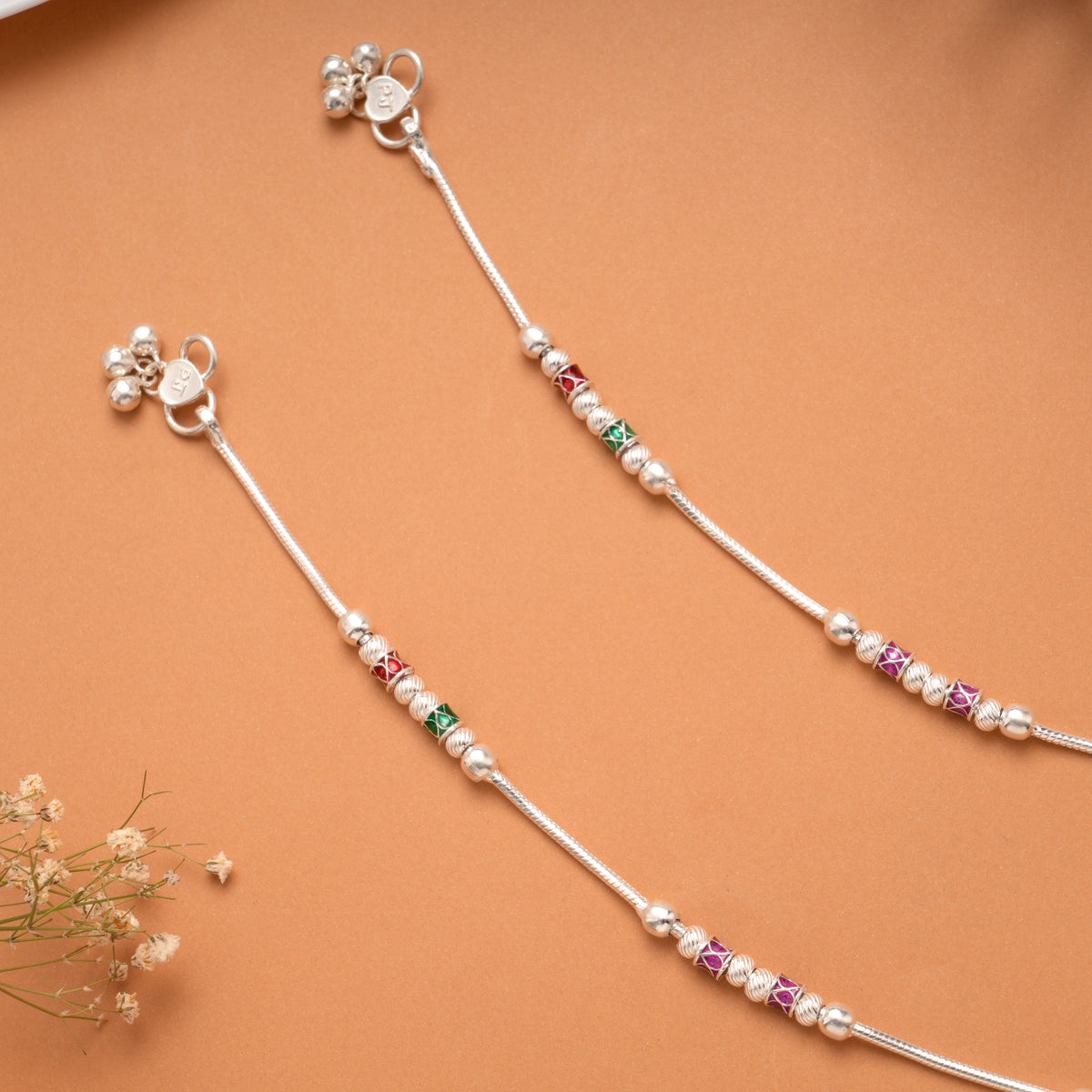Dual Round Enamel Design Silver Anklet