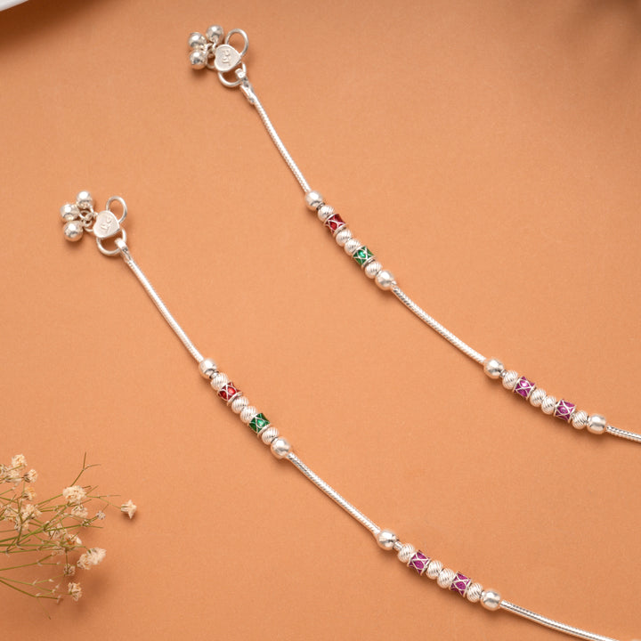 Dual Round Enamel Design Silver Anklet