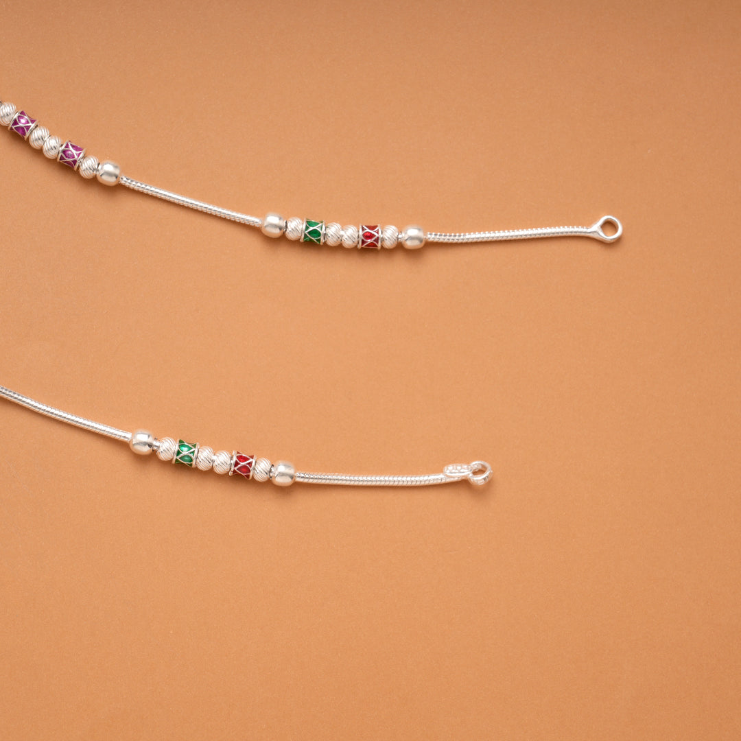 Dual Round Enamel Design Silver Anklet