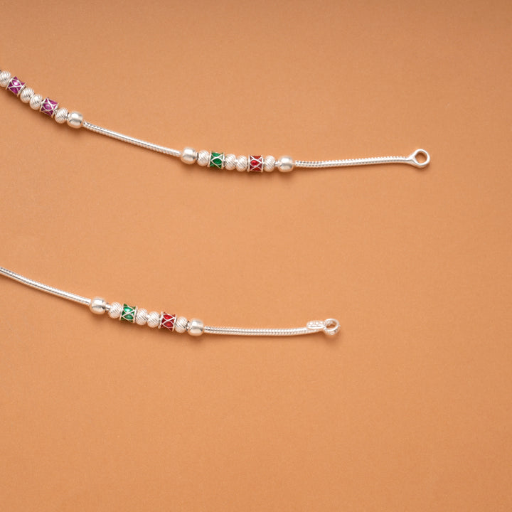Dual Round Enamel Design Silver Anklet