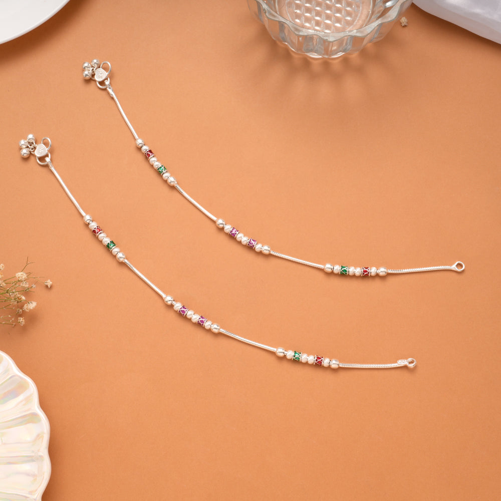 Dual Round Enamel Design Silver Anklet