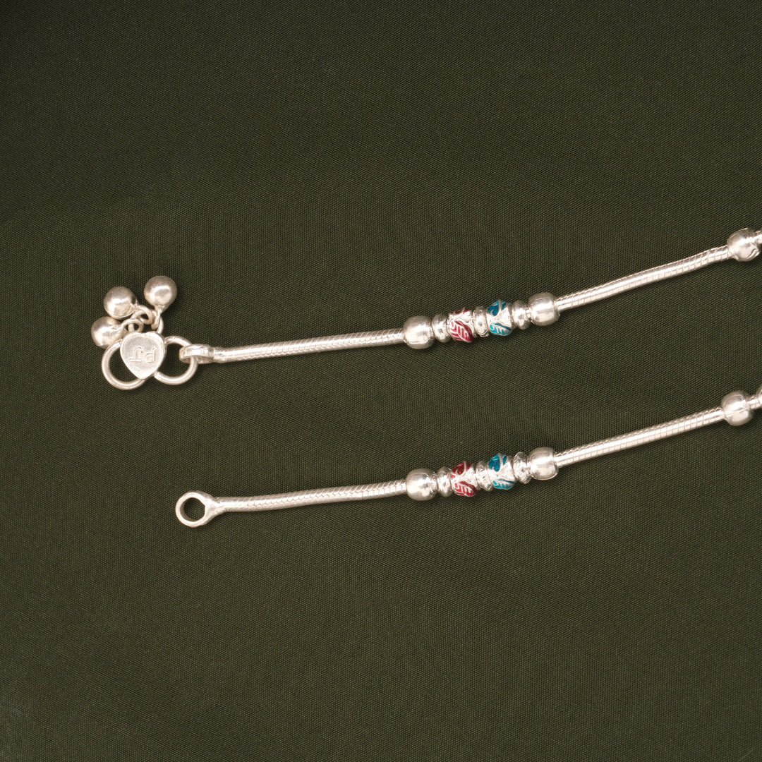 Delicate Beaded Enamel Design Silver Anklets