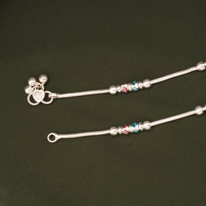 Delicate Beaded Enamel Design Silver Anklets