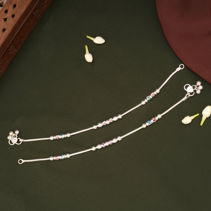 Delicate Beaded Enamel Design Silver Anklets