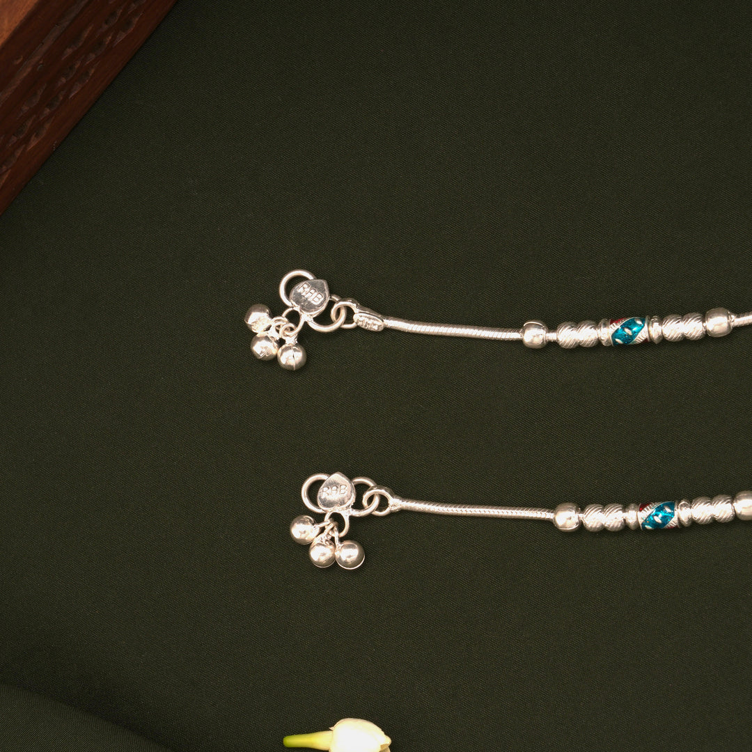 Multicolour Enamel Spiral Beaded Design Silver Anklets