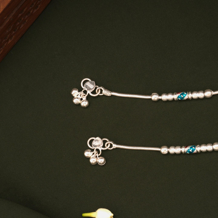 Multicolour Enamel Spiral Beaded Design Silver Anklets