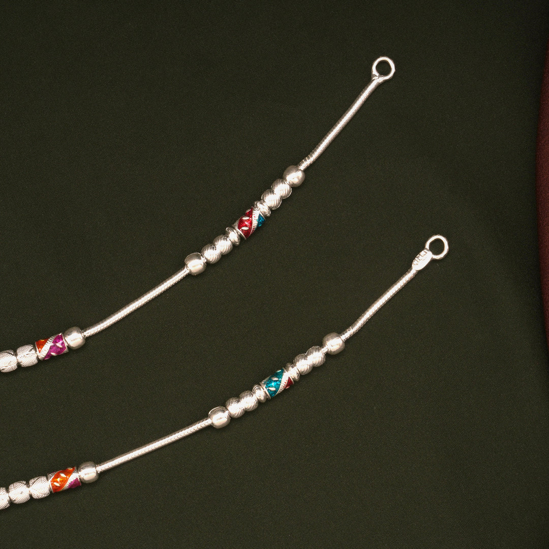 Multicolour Enamel Spiral Beaded Design Silver Anklets