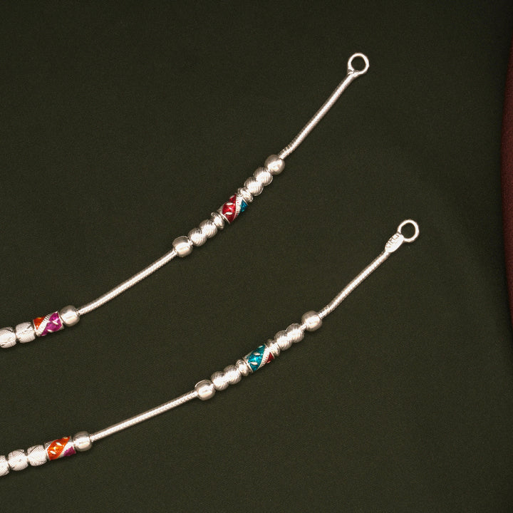 Multicolour Enamel Spiral Beaded Design Silver Anklets