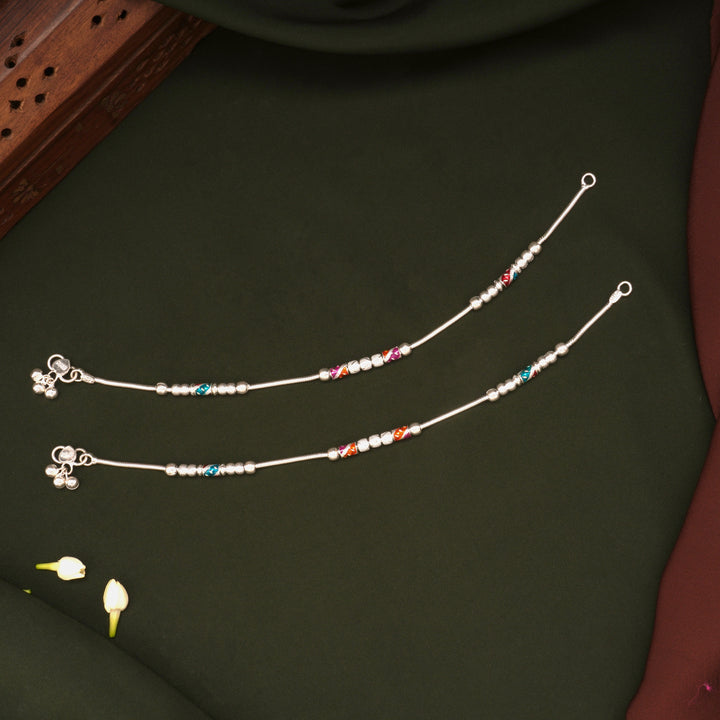 Multicolour Enamel Spiral Beaded Design Silver Anklets