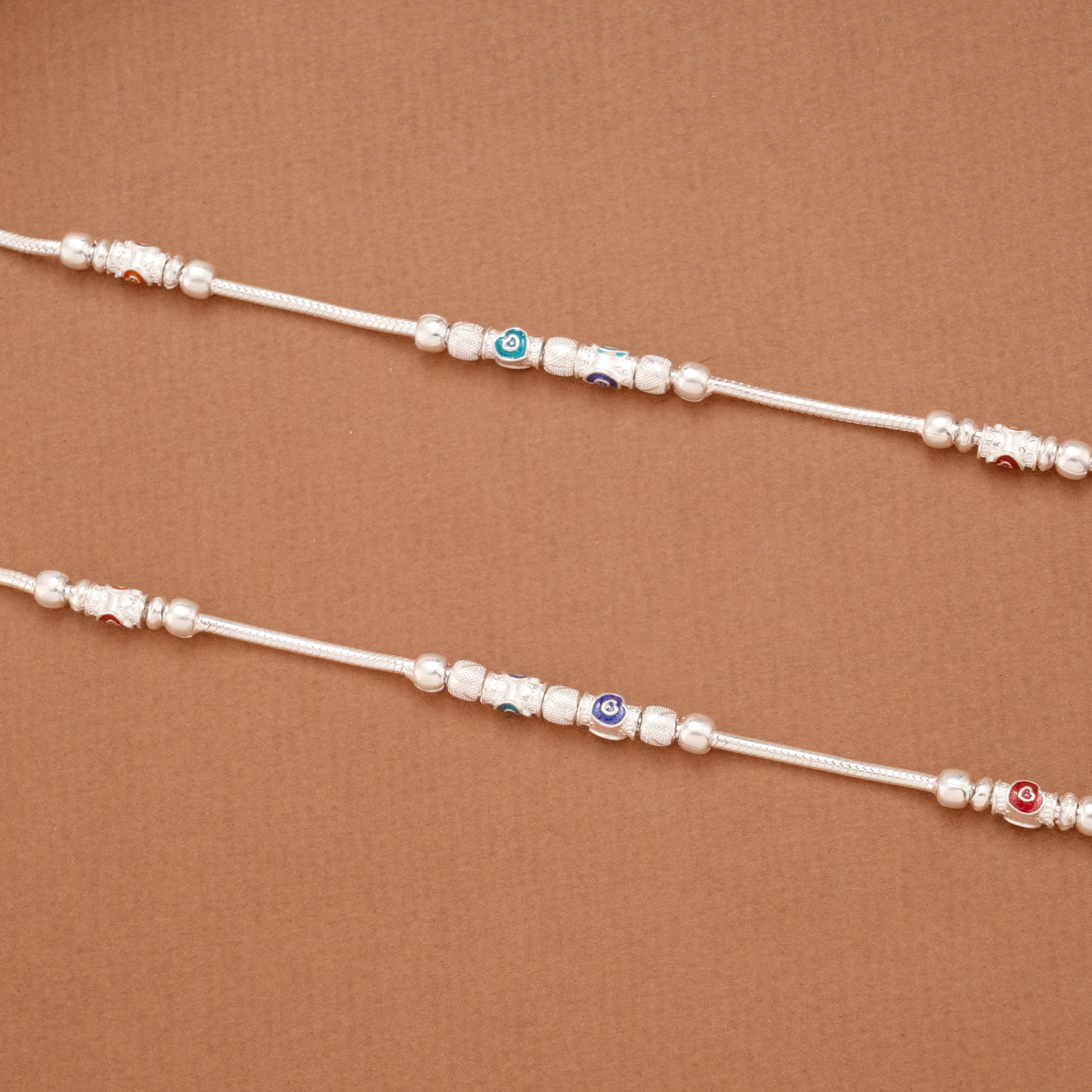 Multicolour Heart Enamel Beaded Silver Anklets