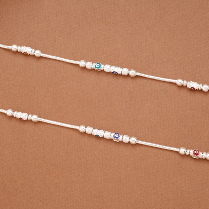 Multicolour Heart Enamel Beaded Silver Anklets