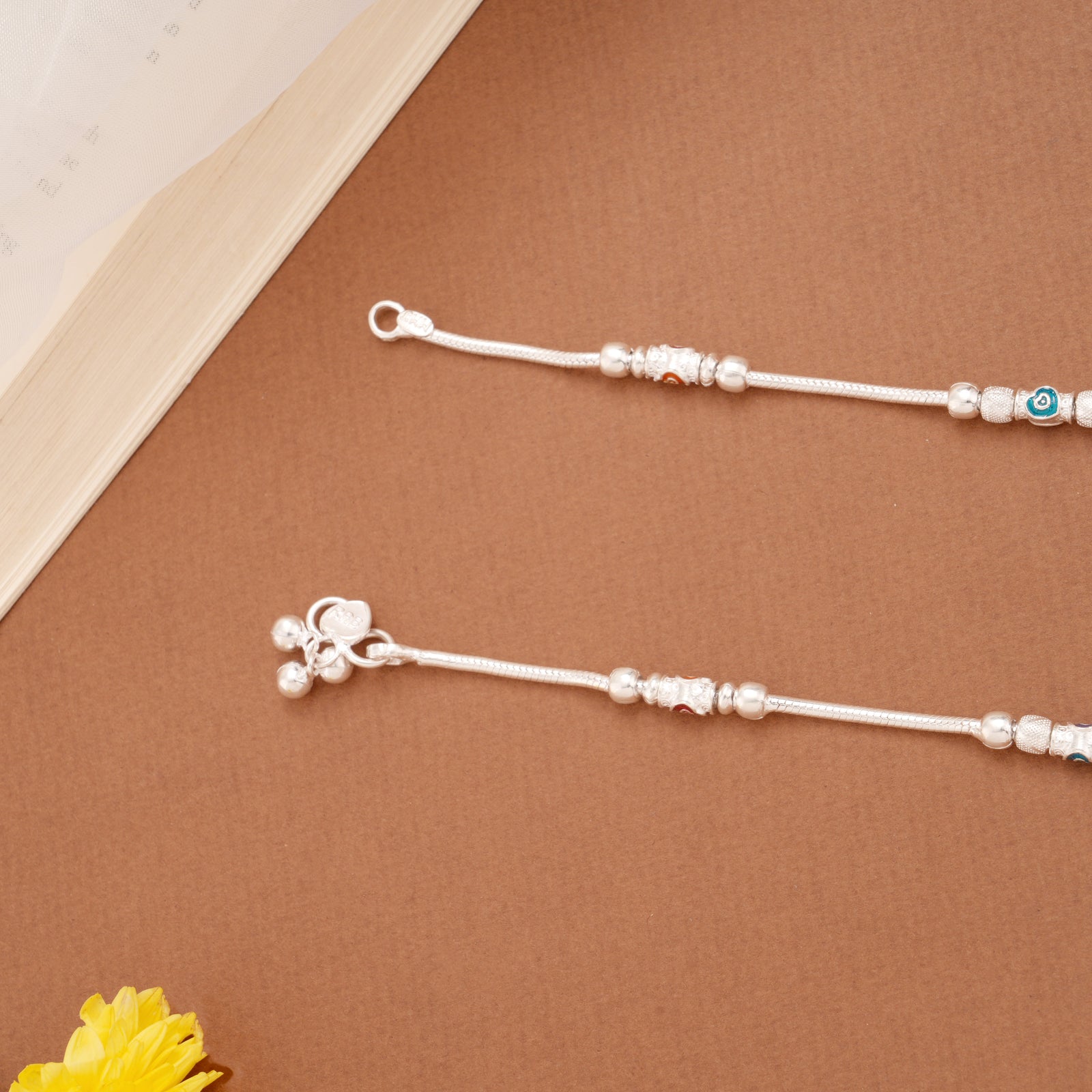 Multicolour Heart Enamel Beaded Silver Anklets