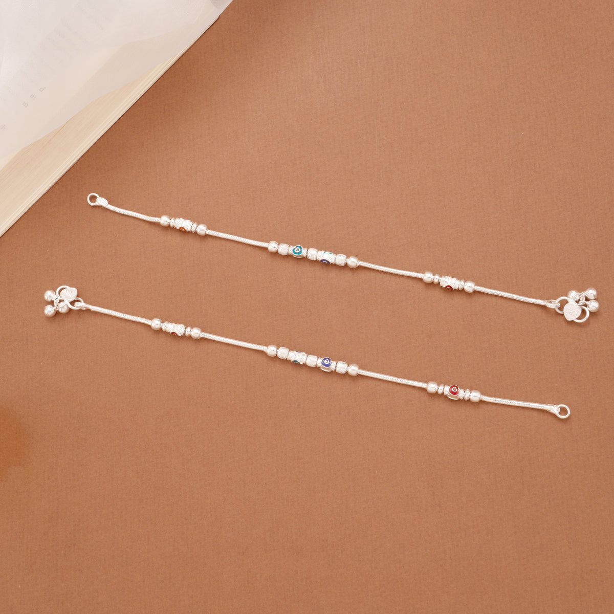 Multicolour Heart Enamel Beaded Silver Anklets